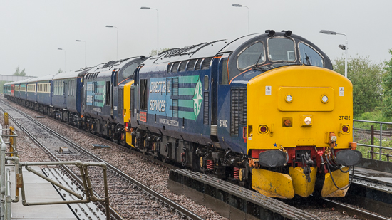 37402 and 37405 pause at Langley Mill with Compass Tours' 'The Canterbury Tales Explorer' on 28/5/14