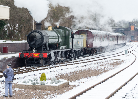 Great Western Railway 2884 class 2-8-0 3803 runs round its train at Leicester North station on the Great Central Railway during the GCR's winter steam gala on 25 January 2013.