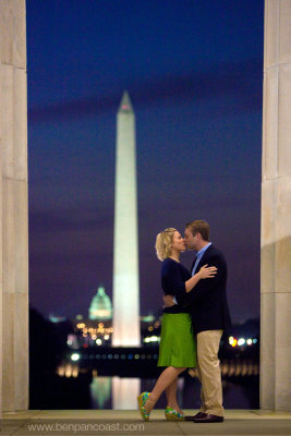 Sunrise engagement photo, Washington DC, Washington Monument and the capitol building.