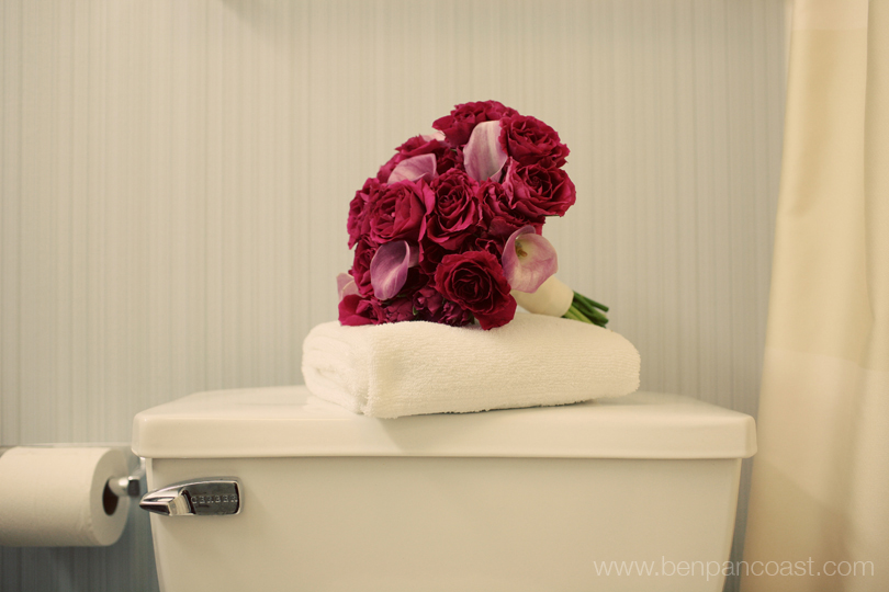 Detailed photograph of a brides wedding boquet in the bridal suite bathroom.