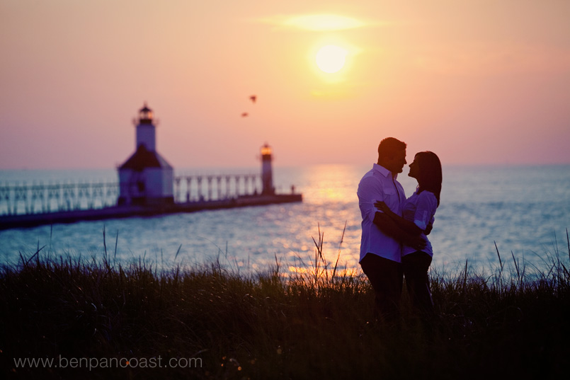 Lighthouse, engagement photos, saint joseph, michigan, beach, sunset