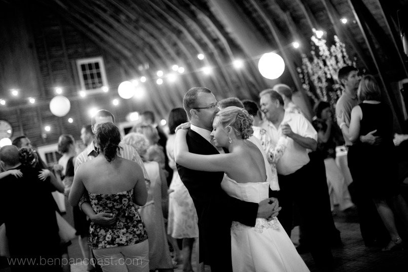 Bride and groom, dancing, barn wedding, blue dress barn