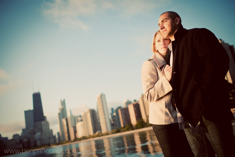 Engagement photos at sunrise in Chicago along lake Michigan.