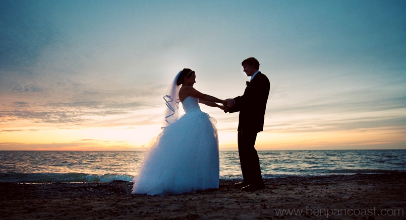 Beach wedding, Lake Michigan, wedding photos, sunset, portrait, Beach