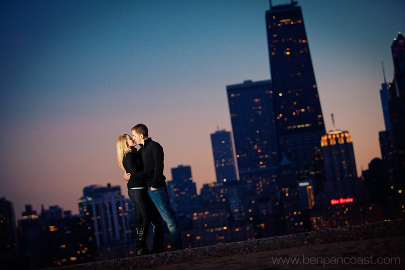 Engagement Photo by the Chicago Skyline at North Avenue Beach.