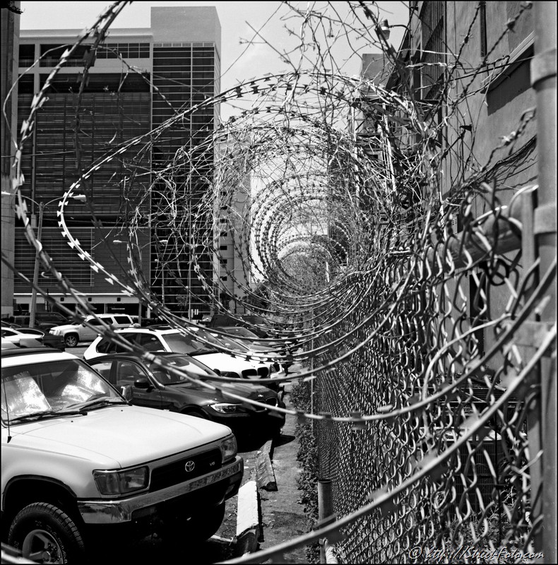 Black and White photographof barber wire at SW 1st street in Downtown Miami, Florida, USA, 2010. Street Photography of Miami, San Francisco and Key West by Emir Shabashvili, see http://street-foto.com, http://miamistreetphoto.com, http://miamistreetphotography.com or http://miamistreetphotographer.com